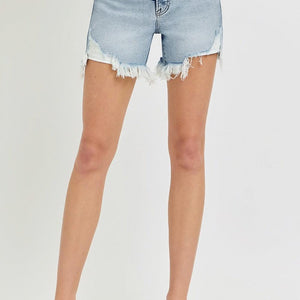 RISEN High Rise Side Step Hem Denim Shorts