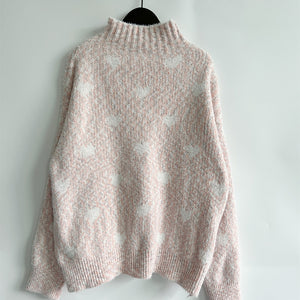 Heart Heathered Turtleneck Drop Shoulder Sweater