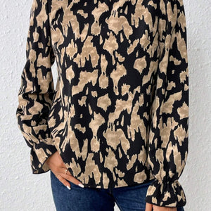 Frill Leopard Mock Neck Flounce Sleeve Blouse