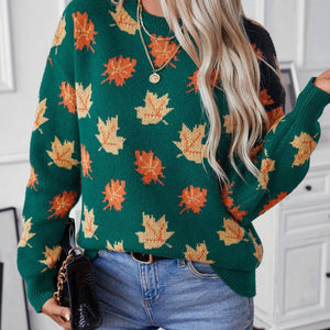 Maple Leaf Round Neck Long Sleeve Sweater