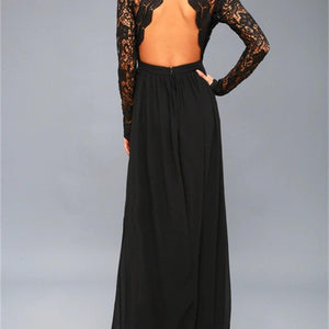 Lace Detail Backless Long Sleeve Maxi Dress