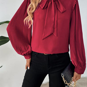 Perfee Frill Tie Neck Long Sleeve Blouse