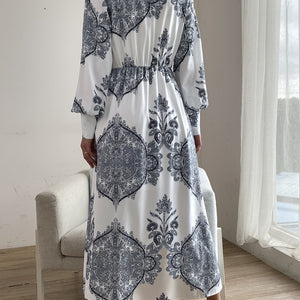 Printed Notched Lantern Sleeve Midi Dress