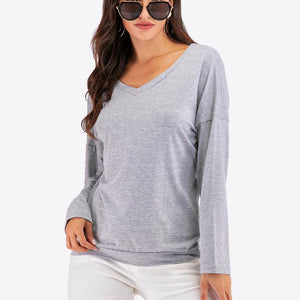 Perfee V-Neck Drop Shoulder Open Back Sweatshirt