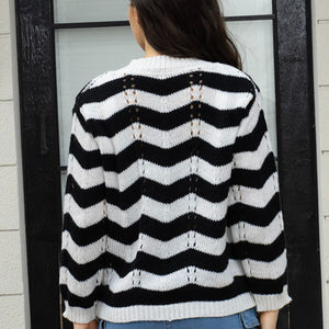 Openwork Striped V-Neck Sweater