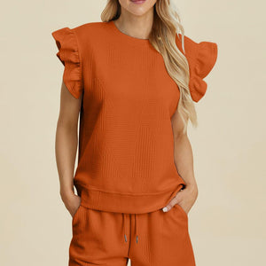 Double Take Full Size Texture Round Neck Ruffle Sleeve Top and Shorts Set