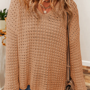 Openwork Round Neck Long Sleeve Sweater