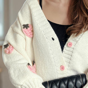 Crochet Strawberry V-Neck Long Sleeve Cardigan