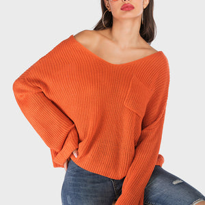 Perfee V-Neck Dropped Shoulder Long Sleeve Sweater