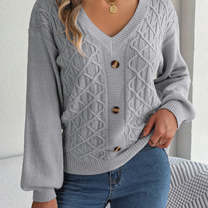 Cable-Knit V-Neck Lantern Sleeve Sweater