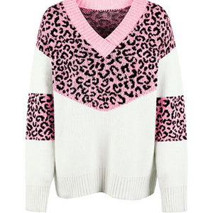 Leopard V-Neck Dropped Shoulder Sweater