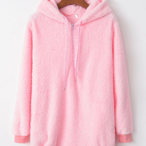 Full Size Quarter-Zip Drawstring Teddy Hoodie