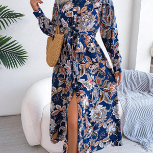 Tied Printed Long Sleeve Midi Dress