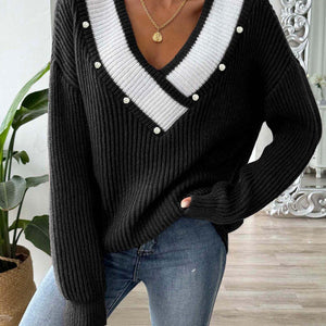 Contrast Trim Dropped Shoulder Long Sleeve Sweater