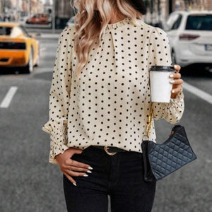 Polka Dot Mock Neck Long Sleeve Blouse