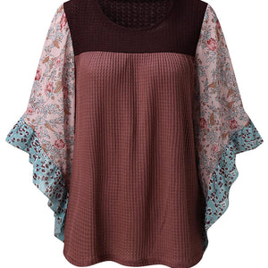 Full Size Printed Round Neck Three-Quarter Sleeve Blouse