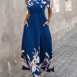 Printed Cold Shoulder Short Sleeve Maxi Dress