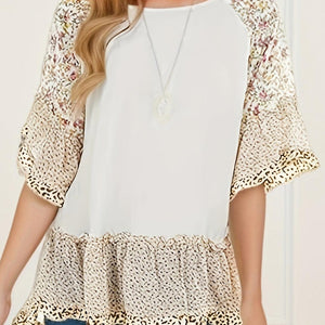 Full Size Frill Printed Round Neck Half Sleeve Blouse