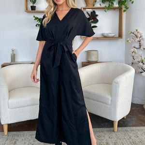 Double Take Full Size V-Neck Tied Side Slit Jumpsuit