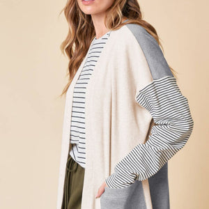 Open Front Long Sleeve Striped Cardigan with Pockets