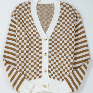 Checkered V-Neck Long Sleeve Cardigan