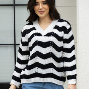 Openwork Striped V-Neck Sweater