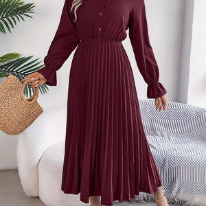 Pleated Half Button Long Sleeve Midi Dress