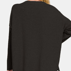 Zenana V-Neck Side Slit High-Low Sweater