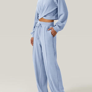 Crisscross Round Neck Top and Drawstring Pants Set