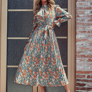 Perfee Tied Pleated Printed Mock Neck Long Sleeve Dress