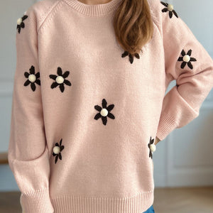 Flower Round Neck Raglan Sleeve Sweater