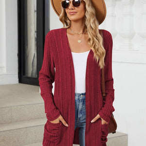 Pocketed Open Front Long Sleeve Cardigan