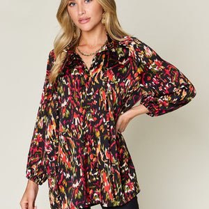 Double Take Full Size Printed Button Up Long Sleeve Shirt