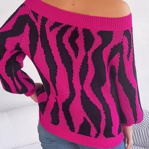 Off-Shoulder Animal Print Long Sleeve Sweater