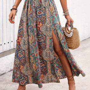 Slit Printed Elastic Waist Skirt