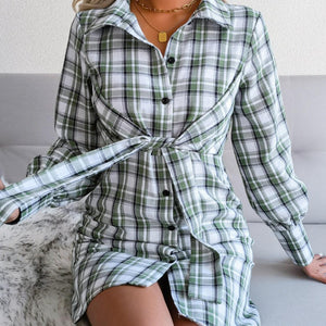 Tied Plaid Long Sleeve Mini Shirt Dress