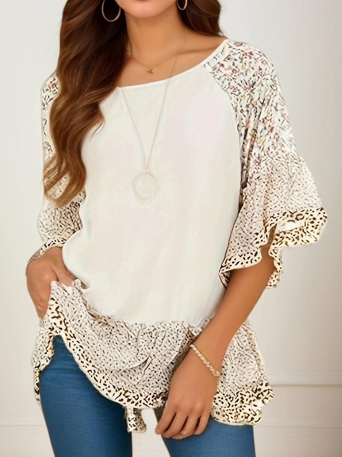 Full Size Frill Printed Round Neck Half Sleeve Blouse