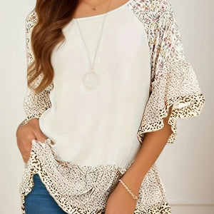 Full Size Frill Printed Round Neck Half Sleeve Blouse