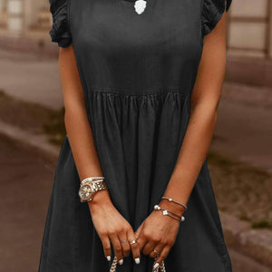 Full Size Ruffled Round Neck Cap Sleeve Denim Dress