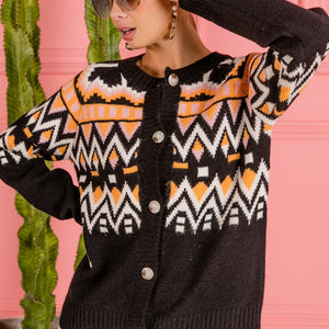 BiBi Ethnic Pattern Button Up Knit Cardigan