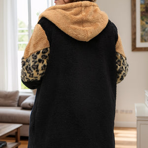 Plus Size Leopard Zip Up Hooded Outerwear