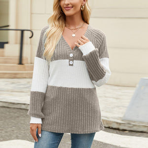 Color Block V-Neck Long Sleeve T-Shirt