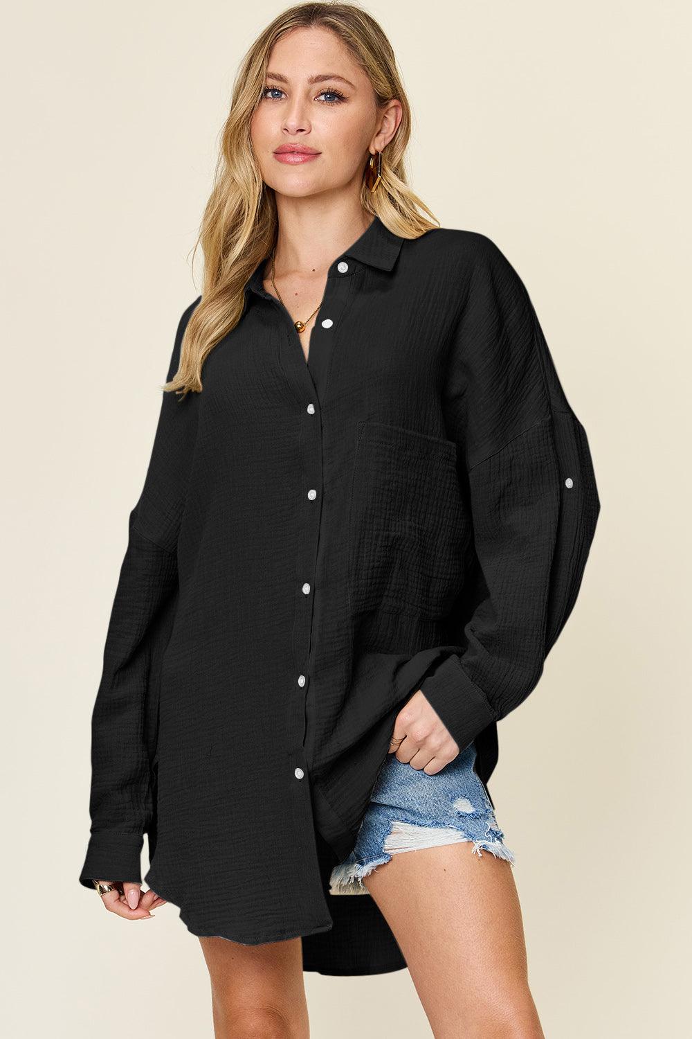 Double Take Full Size Pocketed Texture Button Up Shirt