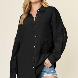 Double Take Full Size Pocketed Texture Button Up Shirt