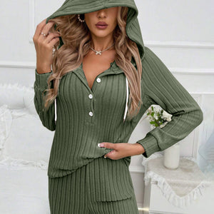 Drawstring Half Button Hooded Top and Ribbed Pants Set