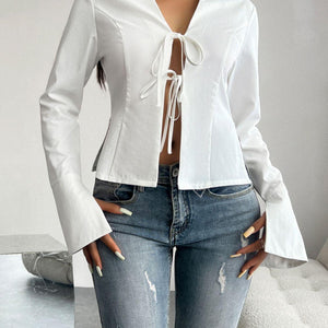 Devine Slit Tied Collared Neck Long Sleeve Blouse