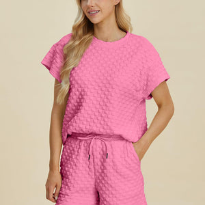 Double Take Full Size Texture T-Shirt and Shorts Set