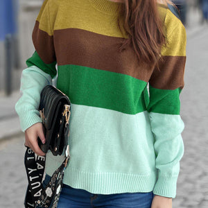 Color Block Round Neck Long Sleeve Sweater