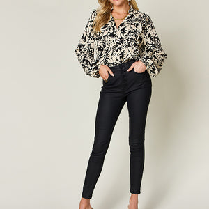 Double Take Full Size Printed Ruffle Trim Balloon Sleeve Shirt