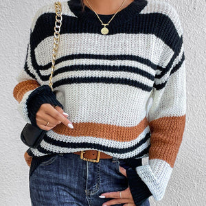 Contrast Striped Round Neck Long Sleeve Sweater